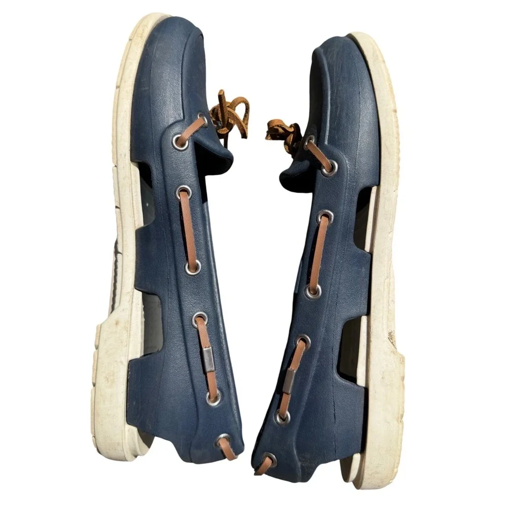 Crocs Beach Line Boat Shoes Navy Blue White Leather Lace Loafers Womens 7